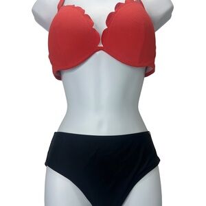 Red Scalloped Bikini Top and Black Bottoms